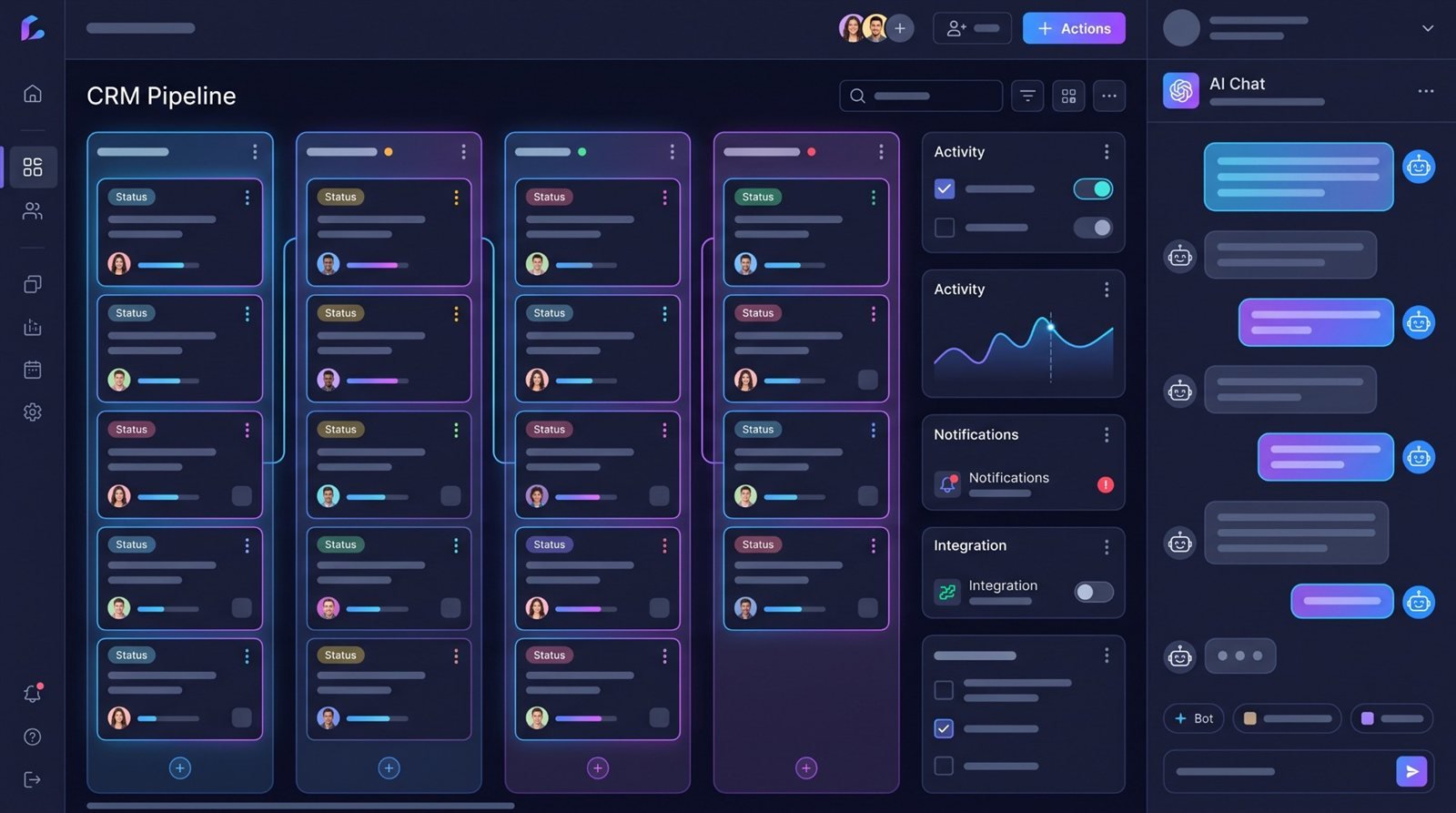 Vista ilustrativa del CRM con etapas de los leads y chat con el asistente