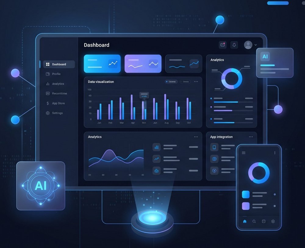 Panel ilustrativo con analítica e integraciones